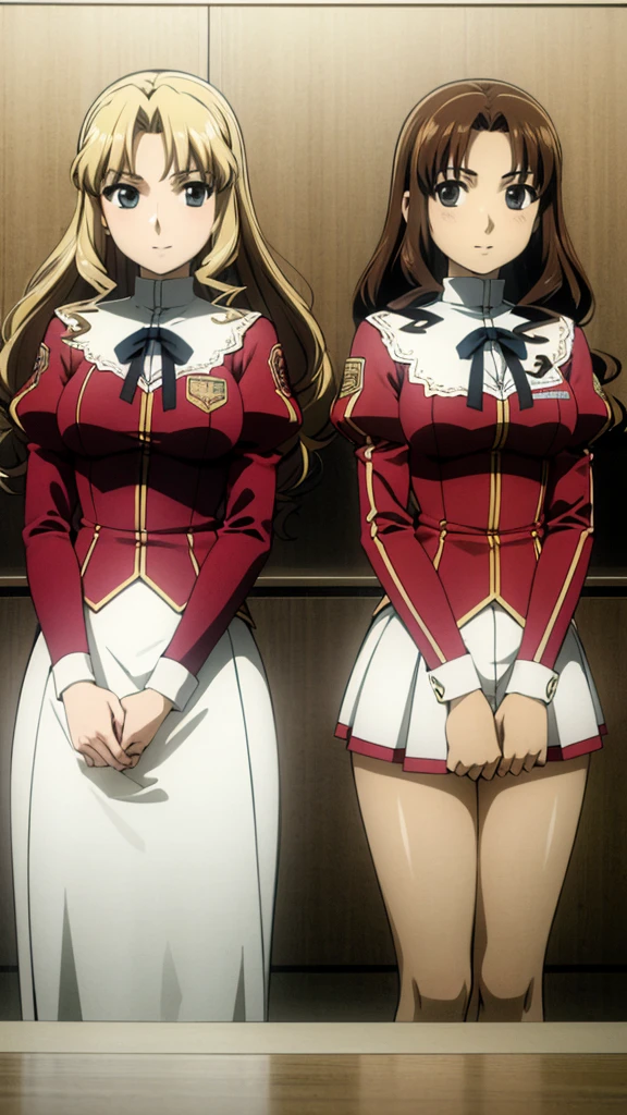 masterpiece, high quality, Multiple girls, organization, Same sisters, Blonde Hair, curls, (brown haired sisters, Blonde sisters, many sisters, Match hairstyle, different hair colors), Hazel eyes, Medium bust, ((Matching Clothing, Uniforms)), Smile, flat_color, Same height, organization pose, Back to back,