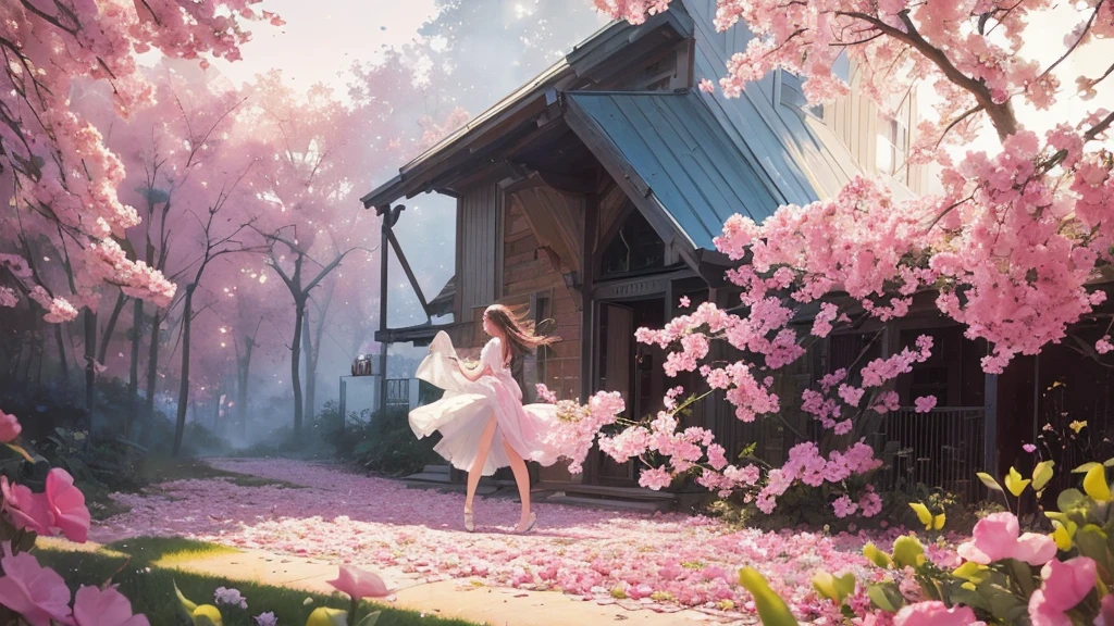 32k, Masterpiece, Highest quality, One girl, Brown Hair, Detailed eyes, flower,sweet pea, Pink and yellow style,A dreamy, romantic piece,Pale pink, Mysterious Leaves,A playful arrangement,Fantasy,High Contrast,Ink strokes,explosion,Exposure, Impression of pink and yellow tones,Abstract,((Watercolours by John Berkey and Jeremy Mann )) Brush strokes,Negative Space, Tyndall effect, White background