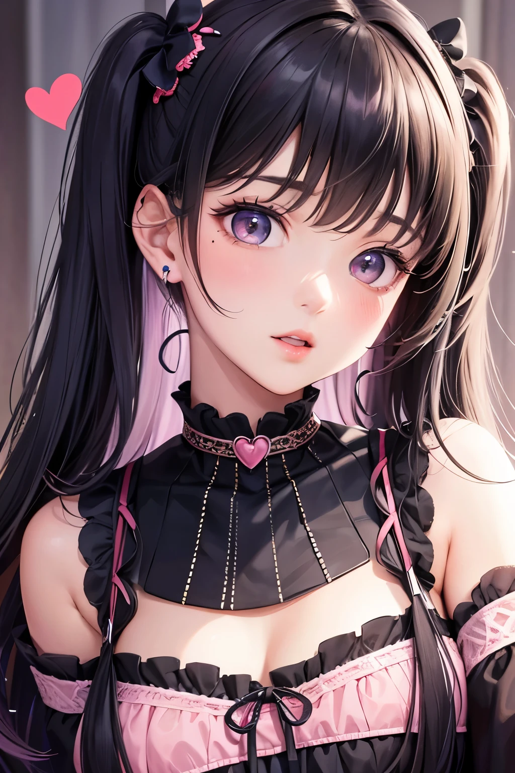 masterpiece, best quality, highly detailed, high resolution, expensive resolution, high resolution, 4K, 8k, Unity 8k wallpaper, highly detailed CG, masterpiece, 2D, 3D, beautiful details, depth, fine texture, best quality: 1.3, perfect focus, crispy skin, him, very cute, one 20-something girl, before a date with him, enjoying fashion, short twin tails, mole under eye, looking at the viewer, expensive, blush, mole, parted lips, heart, pink eyes, choker