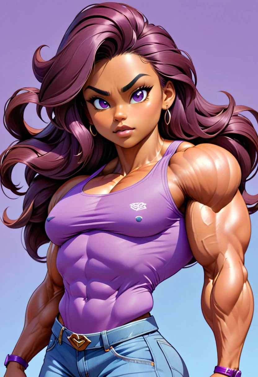 muscle girl with High cheekbones and a strong jawlineflexing muscles wearing purple muscle shirt and light blue jeans, her hair a rich chestnut brown, giving her a dynamic and youthful appearance, muscle woman, big muscles, huge muscles, massive muscles, muscle girl, bronze skin, Her facial features are a mix of determination and kindness, with expressive eyes that radiate a sense of adventure