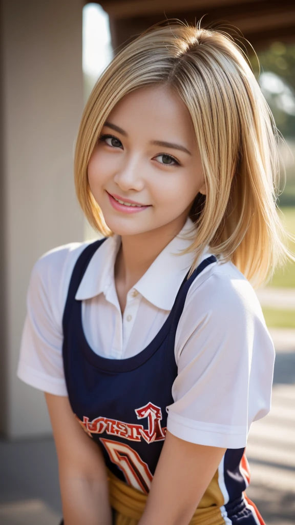 Highest quality,masterpiece:1.3,Ultra-high resolution),(Very detailed,Caustics,8K),(Realistic:1.4,RAW shooting),Wearing a high school jersey、American Girl,smile,18-year-old,Blonde Hair Color、American eyes、Semi-long haircut,Looking into the camera,School playground、Waist up shot,front,Face Focus,Face close-up,(Warm Light),Professional Writing、Stretching exercises