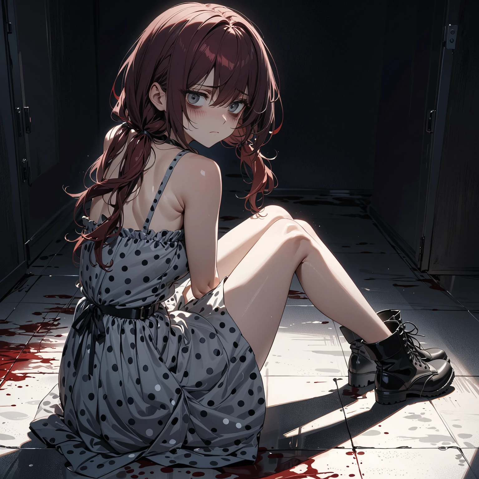 Best quality, masterpiece, dark colors, young woman alone with thoughts, blood on floor, shadows, dark red hair in low twin tails, swept bangs, gray eyes, bags under eyes, tired expression, strapless polka dot dress, black belt, black combat boots,