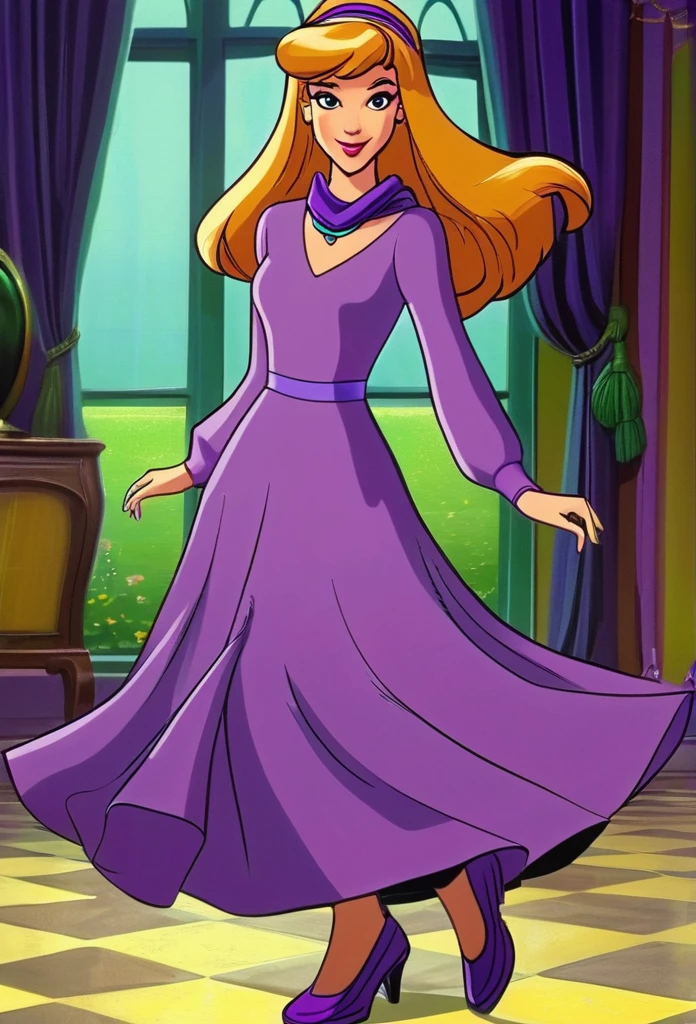 To ensure the AI gets the colors right for Daphne's outfit from Scooby-Doo, provide a detailed description like this:

---

"Daphne is wearing a purple dress with a green scarf tied around her neck. The dress is a solid purple color with long sleeves and a slightly flared skirt that falls above her knees. She has a matching purple headband in her hair, which is styled in loose waves falling over her shoulders. Her shoes are purple flats that match her dress perfectly. Additionally, she has a pair of light purple stockings that complement her overall look."