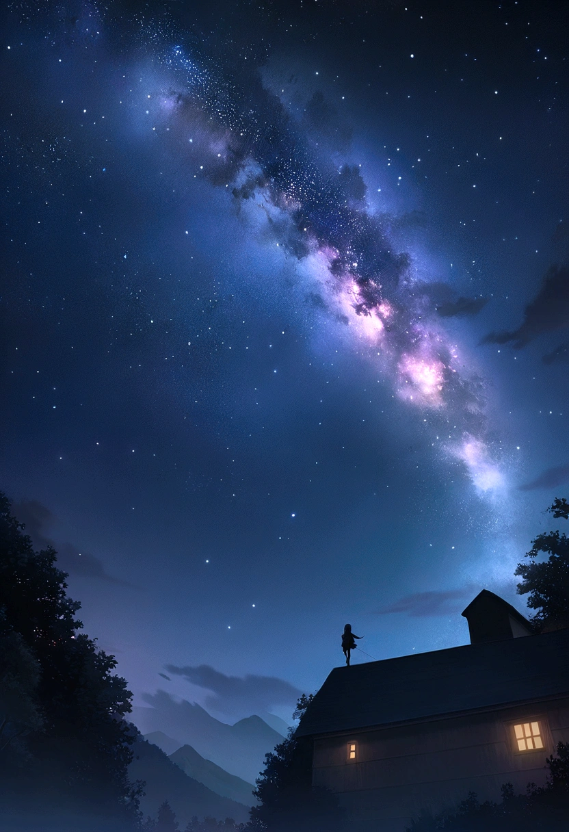 Anime style scene of hero flying through beautiful starry sky at night,anime art wallpaper 4k, anime art wallpaper 4k, Anime Art Wallpapers 8K, anime wallpaper 4k, anime wallpaper 4k, 4k anime wallpaper,Man flying in the night sky、The night view below
