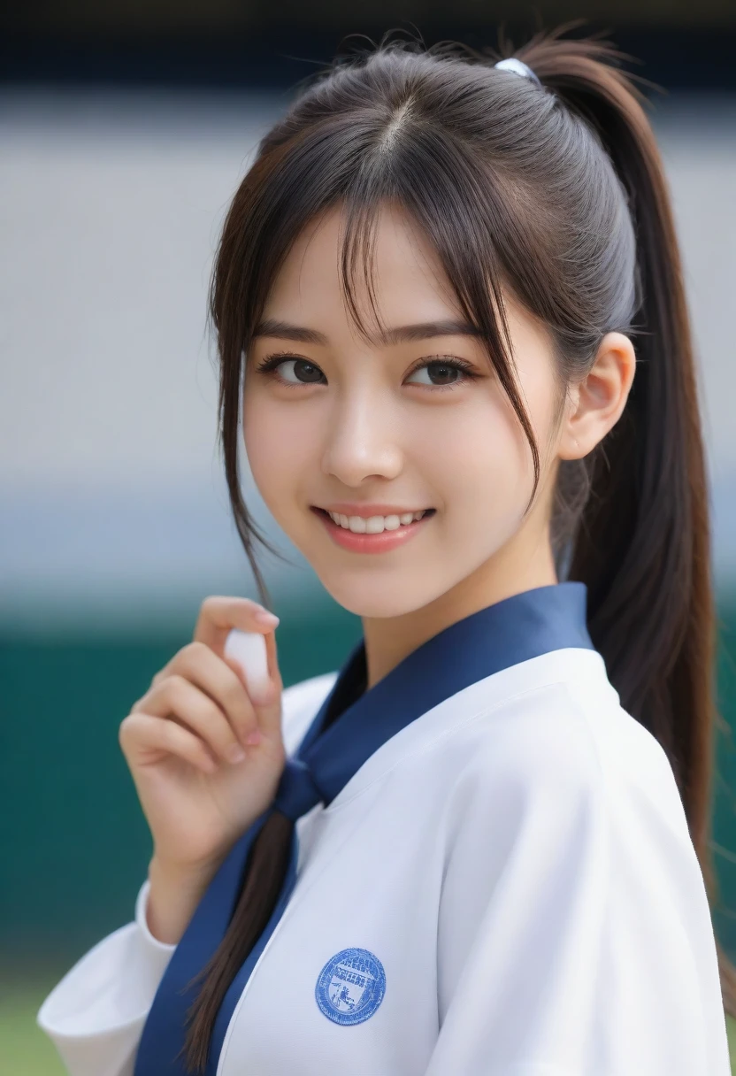 8K, Ultra-high resolution, Highest quality, masterpiece, 三分割法によるphotograph,Surreal, photograph, 1 Girl, (16 years old:1.3), pretty girl, Cute face, Beautiful eyes in every detail, 細かくdetailedに,masterpiece,, One Girl:1.2, Japan Female Announcer,upper body,Outdoor,Athletics Stadium,Sportswear,Refreshing sweat,Full of sex appeal,Sensual,A carefree smile,Heal the heart,Black Hair,ponytail,Looking at the audience、beauty,Long neck、Laugh a little、Please close your mouth and laugh、(((Ideal body type))),A cup small breasts :2,、Portraiture:2、Perfect Anatomy、鮮明なdetailed、detailed、Surreal、Light and shadow,Strong light