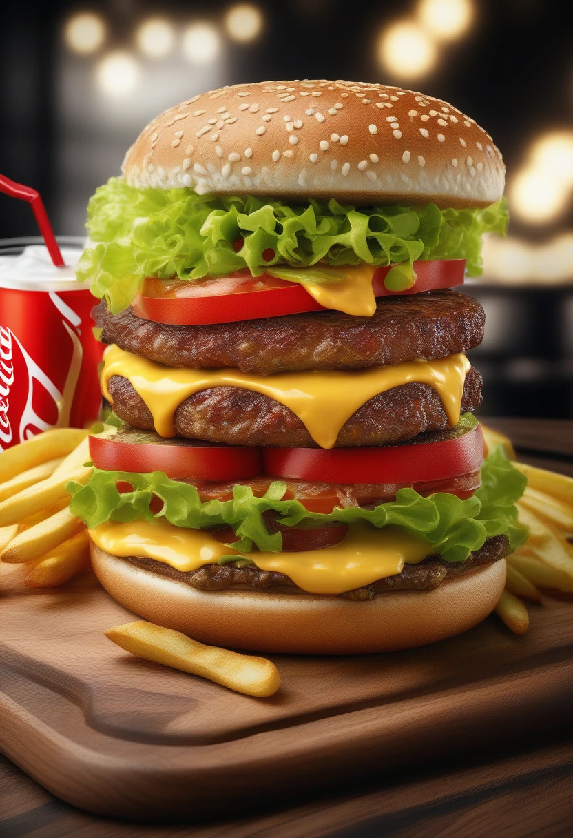 score_9, score_8_up, score_7_up, score_6_up, score_5_up, score_4_up, big cheese lettuce tomato hamburger, coca cola, french fries, ultra realistic food samples, delicious looking lighting effects, 2.5D