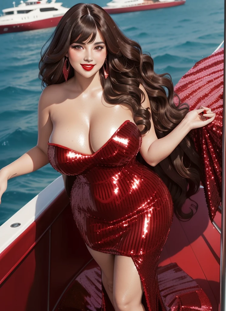 Jessica Rabbit, 27 years old, full body view Beautiful woman (((long wavy brunette hair, two side up with bangs))) defined body, voluptuous, sexy, Red lipstick, hands free, mouth slightly open, smiling, standing facing camera, ((( sparkling sequined strapless red dress ))), on the deck of a super yacht anchored near a tropical island, (large_breasts:1.4) (curvy:1.3)(chubby:1.0)