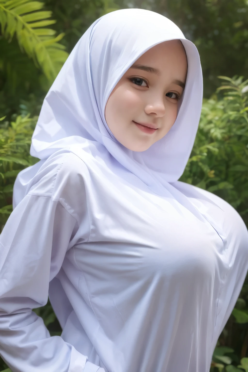 Chubby adorable, 1 girl, (face to face), , baby face, happy, half body portrait, (face details: 1), (eye details: 1), ((big breasts)). wearing transparent transparency soft long shirt, hijab, .. Cute posed. proportional body. Ultra High Res. realistic: 1.4, UHD, (floral pattern), view from side seductive pose 