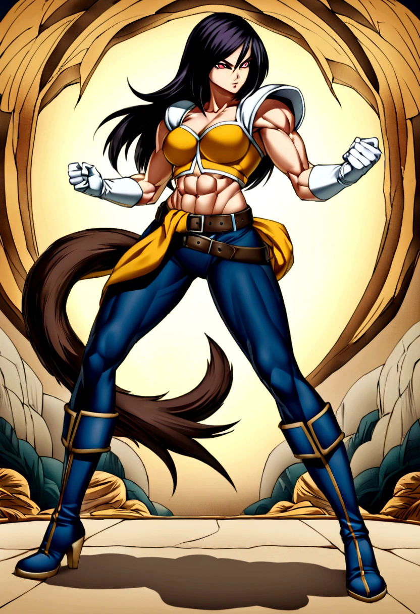 Create a Saiyan woman with long straight dark hair, she has red pupils, and armor that leaves his muscular belly showing, she has medium breasts, and dark blue pants cover his slightly muscular thighs, her boots are white and she has white gloves too, make a brown tail tied around your waist like a belt, make her in a superior and more powerful pose 