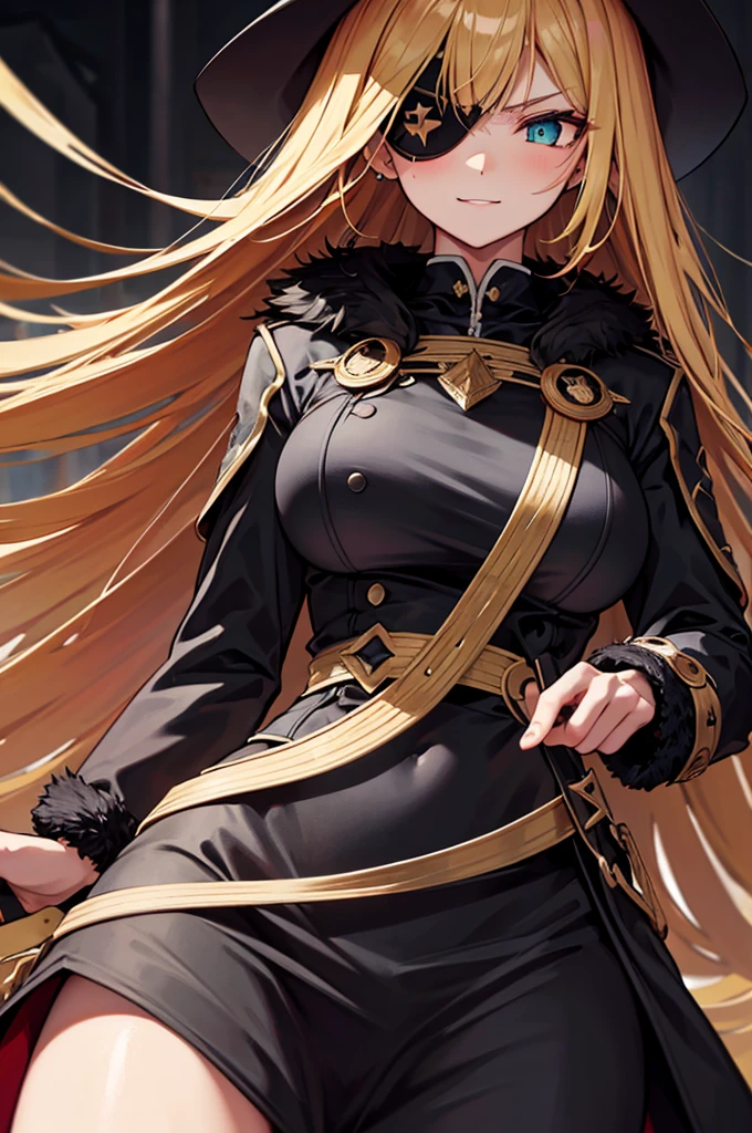 ((masterpiece)), ((best quality)), 1girl, adult, long hair, ((blonde hair)), very long blonde hair, ((intimidant look)), ((close-up)), profile image, green eyes, black and red clothes, sexy, dark colors, brillant eyes, ((coat with fur)), ((wavy hair)), exposed skin, ((sexy pose)), ((intimidant look)), good anatomy, ((dark sage clothes)), ((straight cut bangs)), emotionless, intimidant, ((beautiful eyes)), dark background, close up, ((detailed eyes)), beautiful eyes, ((detailed face)), hair bang, frontal look, evil, relaxed, smile, magical goddess othinus, detailed face, eyepatch, full body, ((detailed))