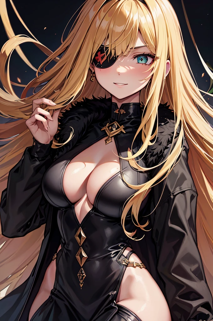((masterpiece)), ((best quality)), 1girl, adult, long hair, ((blonde hair)), very long blonde hair, ((intimidant look)), ((close-up)), profile image, green eyes, black and red clothes, sexy, dark colors, brillant eyes, ((coat with fur)), ((wavy hair)), exposed skin, ((sexy pose)), ((intimidant look)), good anatomy, ((dark sage clothes)), ((straight cut bangs)), emotionless, intimidant, ((beautiful eyes)), dark background, close up, ((detailed eyes)), beautiful eyes, ((detailed face)), hair bang, frontal look, evil, relaxed, smile, magical goddess othinus, detailed face, eyepatch, full body, ((detailed))
