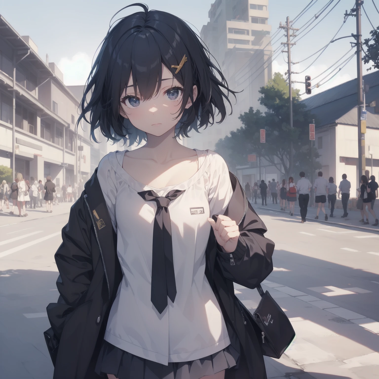 ultra-absurdres-Top quality by artist God, ultra-detailed, high resolution, anime moe artstyle, best anime 8k konachan wallpaper, pixiv contest winner, pool:2810, perfect anatomy,break, 1girl, (Please draw a girl walking sleepily to school alone. )break,(Solo,little female, 13-year-old:1.3),Full limbs, complete fingers,a junior high school student, (very short hair), short cut, flat chest, , small butt, small black eyes, beautiful detailed eyes, well-proportioned iris and pupils, expressive eyes, highres detailed hair, soft expression, salor school_uniform, sailor collar, serahuku, bow, pleated skirt,(Detailed Lighting), (Detailed background), in the School commute route. break,super detailed skin, Best cinematic lighting powered by famous artist, 8k,beauty illustration,photoshop_(medium),very aesthetic,break,((artist:null_(nyanpyoun) )), artist:clamp ,artist:carnelian ,artist:kantoku ,