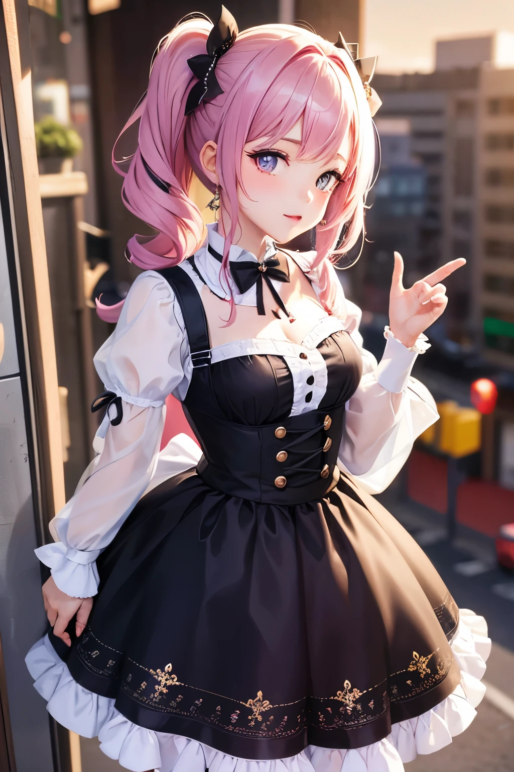 masterpiece, best quality, highly detailed, high resolution, expensive resolution, high resolution, 4K, 8k, Unity 8k wallpaper, highly detailed CG, masterpiece, 2D, 3D, beautiful details, depth, fine texture, best quality: 1.3, perfect focus, crisp skin, him, very cute, 20s girl, him, idol, princess dress, short skirt, outdoor concert, short pigtails, mole under eye, look at the viewer, expensive, blush, mole, open lips, heart, pink eyes, choker