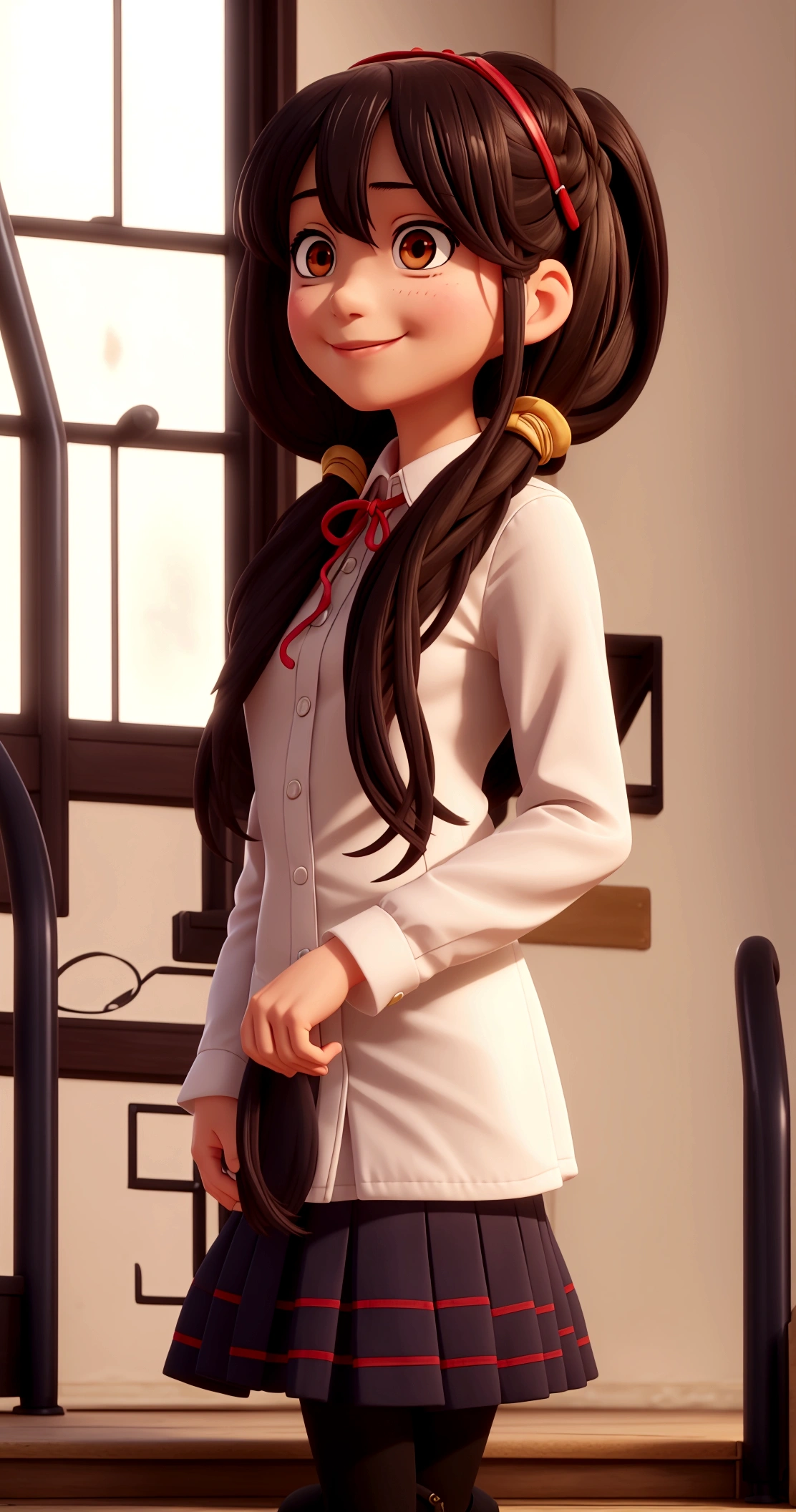 ultra-detailed,highly detailed,best quality,masterpiece,illustration,realistic, photo,photorealistic,
1girl, tokisaki kurumi,cosplay,hair over one eye, looking at viewer, happy girl,low twintails,
, blazer, collared shirt, neck ribbon, pleated skirt, pantyhose, hair rings, loafers,
indoors, walking, stairwell, 
