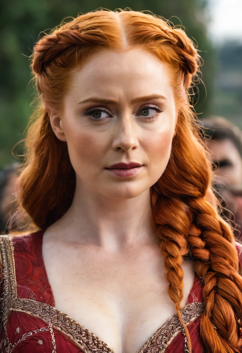 a close up of a woman with a long braid in a dress, intricate red braided hair, sansa, red braided hair, Olya Bossak, redhead woman, long orange-red braided hair, beautiful redhead woman, cleavage, Sansa Stark, long red intricate braids, redhead girl, redhead goddess, Sofia Turner, Looks a bit like Amy Adams.