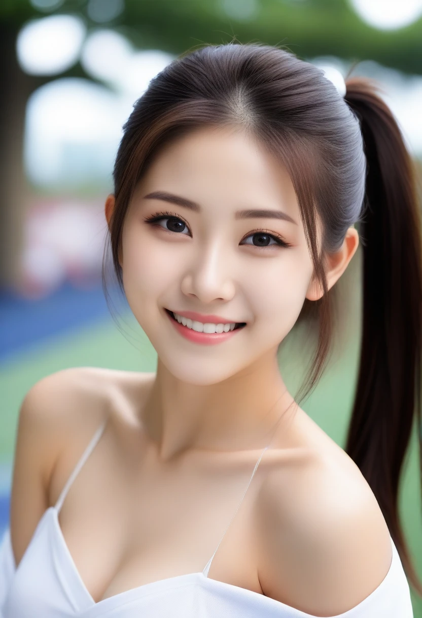 8K, Ultra-high resolution, Highest quality, masterpiece, 三分割法によるphotograph,Surreal, photograph, 1 Girl, (:1.3), pretty girl, Cute face, Beautiful eyes in every detail, 細かくdetailedに,masterpiece,, One Girl:1.2, Japan Female Announcer,upper body,Outdoor,Athletics Stadium,Sportswear,Refreshing sweat,Full of sex appeal,Sensual,A carefree smile,Heal the heart,Black Hair,ponytail,Looking at the audience、beauty,Long neck、Laugh a little、Please close your mouth and laugh、(((Ideal body type))),A cup small breasts :2,、Portraiture:2、Perfect Anatomy、鮮明なdetailed、detailed、Surreal、Light and shadow,Strong light