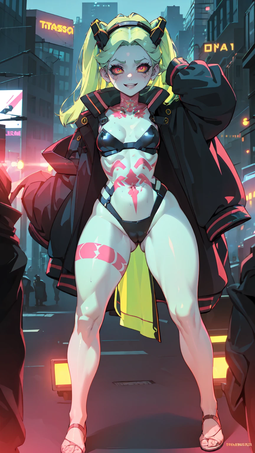 work of art, best qualityer, ultra detali, illustration, epic lighting, film composition, 1 girl, cute, red sclera,red pupils, cyborg, tatoo, hair green, colored fur, breasts small, Black jacke, standing, legs spread apart, lovely gaze, captivating pose, trunk:1.1, gazing at viewer, pretentious smile, cloused mouth, plein-air, citys, cyber punk, neon lights, Street, (natta, tenebrosa, tenebrosaness, tenebrosa como breu, eyeshadows:1.4), (8K:1.1),
