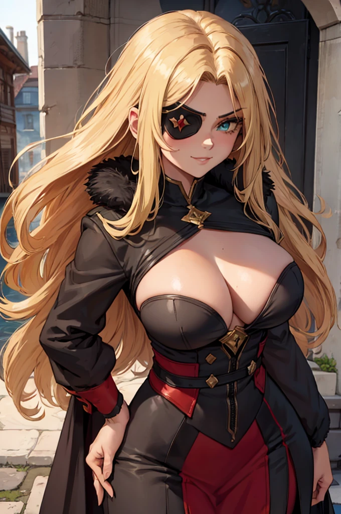 ((masterpiece)), ((best quality)), 1girl, adult, long hair, ((blonde hair)), very long blonde hair, ((intimidant look)), ((close-up)), profile image, green eyes, black and red clothes, sexy, dark colors, brillant eyes, ((coat with fur)), ((wavy hair)), exposed skin, ((sexy pose)), ((intimidant look)), good anatomy, ((dark sage clothes)), ((straight cut bangs)), emotionless, intimidant, ((beautiful eyes)), close up, ((detailed eyes)), beautiful eyes, ((detailed face)), hair bang, frontal look, evil, relaxed, smile, magical goddess othinus, detailed face, eyepatch, full body, ((detailed))