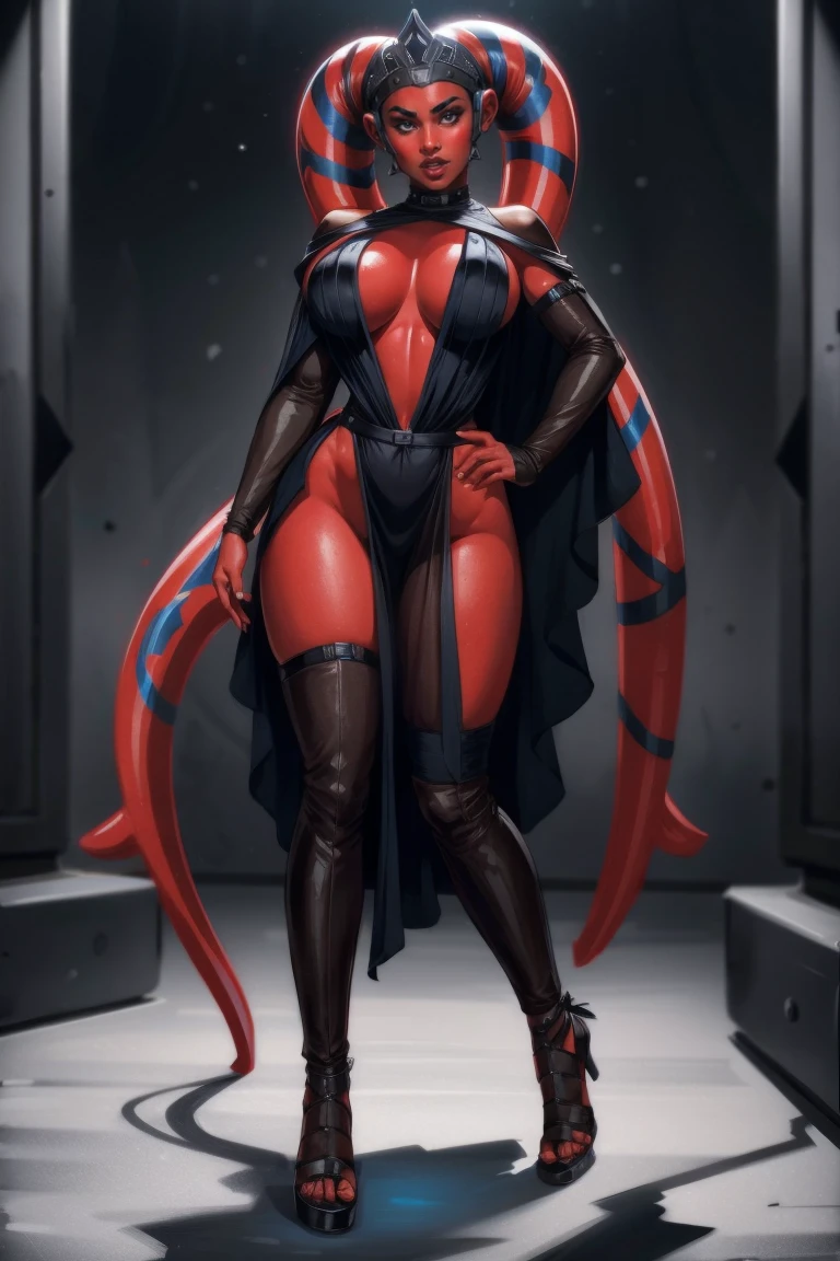 Brutal Red Skin Twi'lek with huge breasts wearing a revealing little black dress, huge breasts, slim hips, small waist, full-body shot