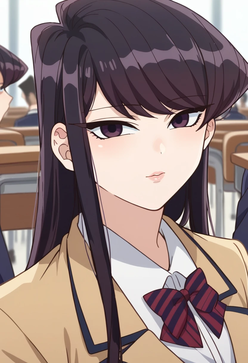 best quality, masterpiece, (cowboy photo, , miniskirt), komi_shouko, 1 girl, alone, long hair, black hair, looking at viewer, black eyes, bangs, (beautiful detailed background, beautiful detailed eyes, perfect face , lip, nose, eyelashes), perfect female body, school background, school chair, crowd, crowd of person
