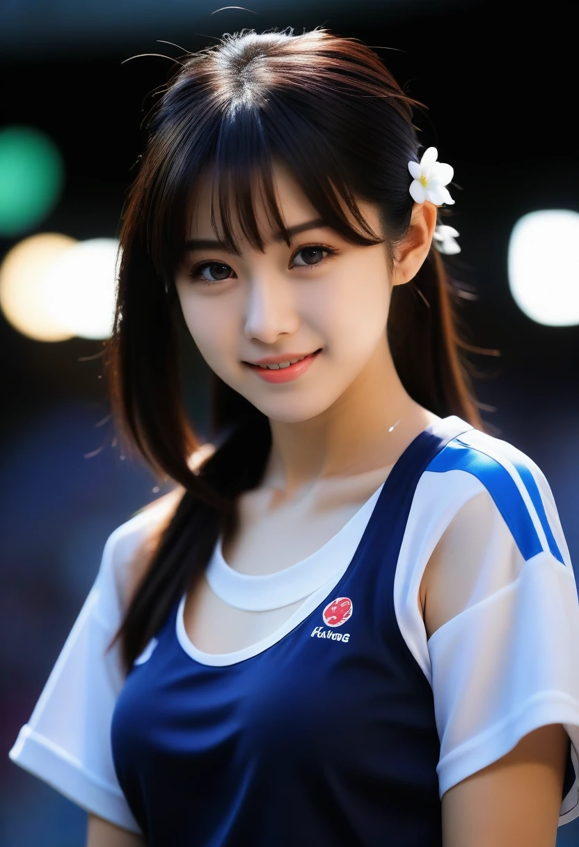 8K, Ultra-high resolution, Highest quality, masterpiece, 三分割法によるphotograph,Surreal, photograph, 1 Girl, (16 years old:1.3), pretty girl, Cute face, Beautiful eyes in every detail, 細かくdetailedに,masterpiece,, One Girl:1.2, Japan Female Announcer,whole body,Outdoor,Athletics Stadium,Sportswear,Beautiful leg line beauty,Refreshing sweat,Full of sex appeal,Sensual,A carefree smile,Heal the heart,Black Hair,ponytail,Looking at the audience、beauty,Long neck、Laugh a little、Please close your mouth and laugh、(((Ideal body type))),A cup small breasts :2,、Portraiture:2、Perfect Anatomy、鮮明なdetailed、detailed、Surreal、Light and shadow,Strong light
