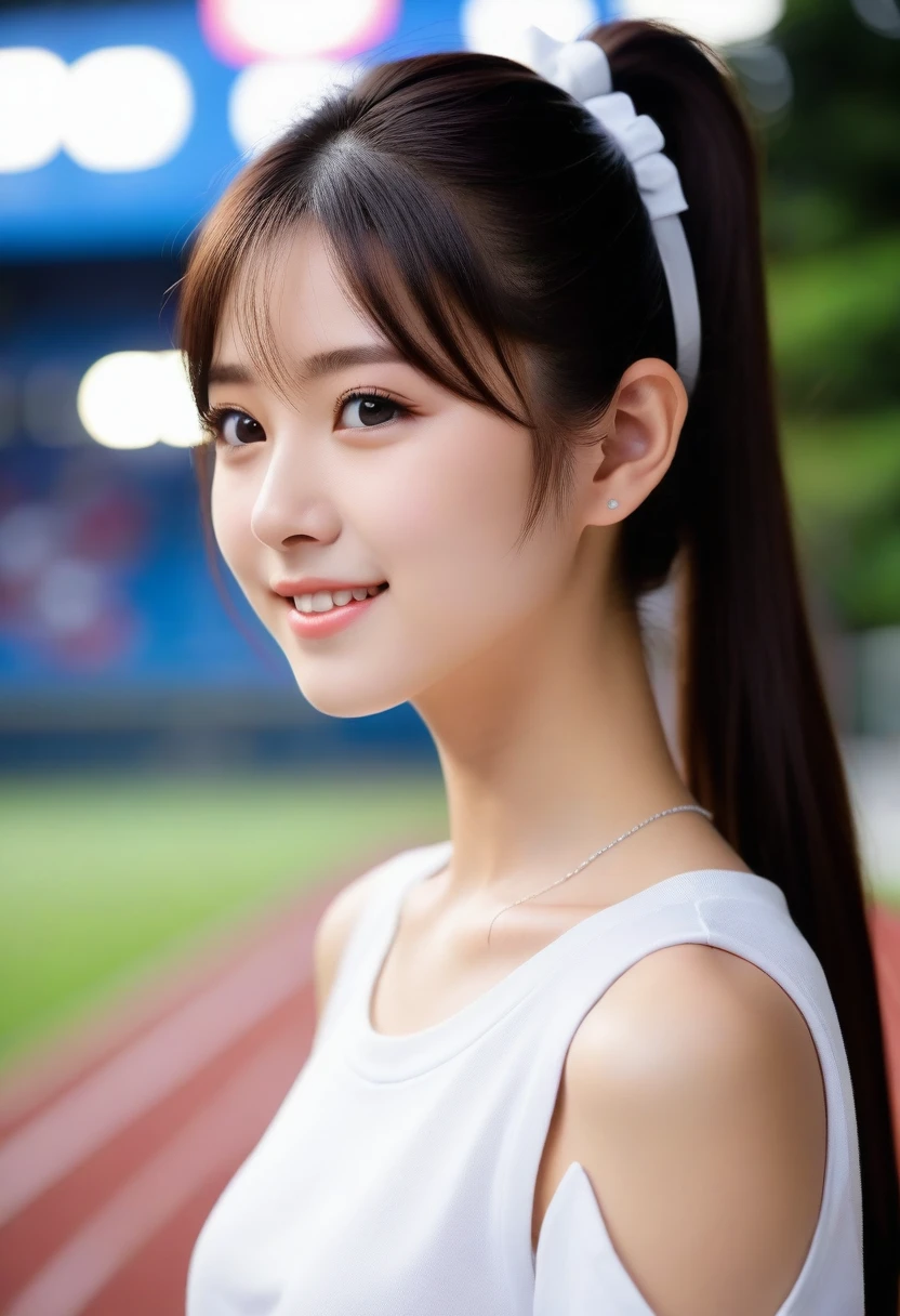 8K, Ultra-high resolution, Highest quality, masterpiece, 三分割法によるphotograph,Surreal, photograph, 1 Girl, (:1.3), pretty girl, Cute face, Beautiful eyes in every detail, 細かくdetailedに,masterpiece,, One Girl:1.2, Japan Female Announcer,upper body,Outdoor,Athletics Stadium,Sportswear,Refreshing sweat,Full of sex appeal,Sensual,A carefree smile,Heal the heart,Black Hair,ponytail,Looking at the audience、beauty,Long neck、Laugh a little、Please close your mouth and laugh、(((Ideal body type))),A cup small breasts :2,、Portraiture:2、Perfect Anatomy、鮮明なdetailed、detailed、Surreal、Light and shadow,Strong light