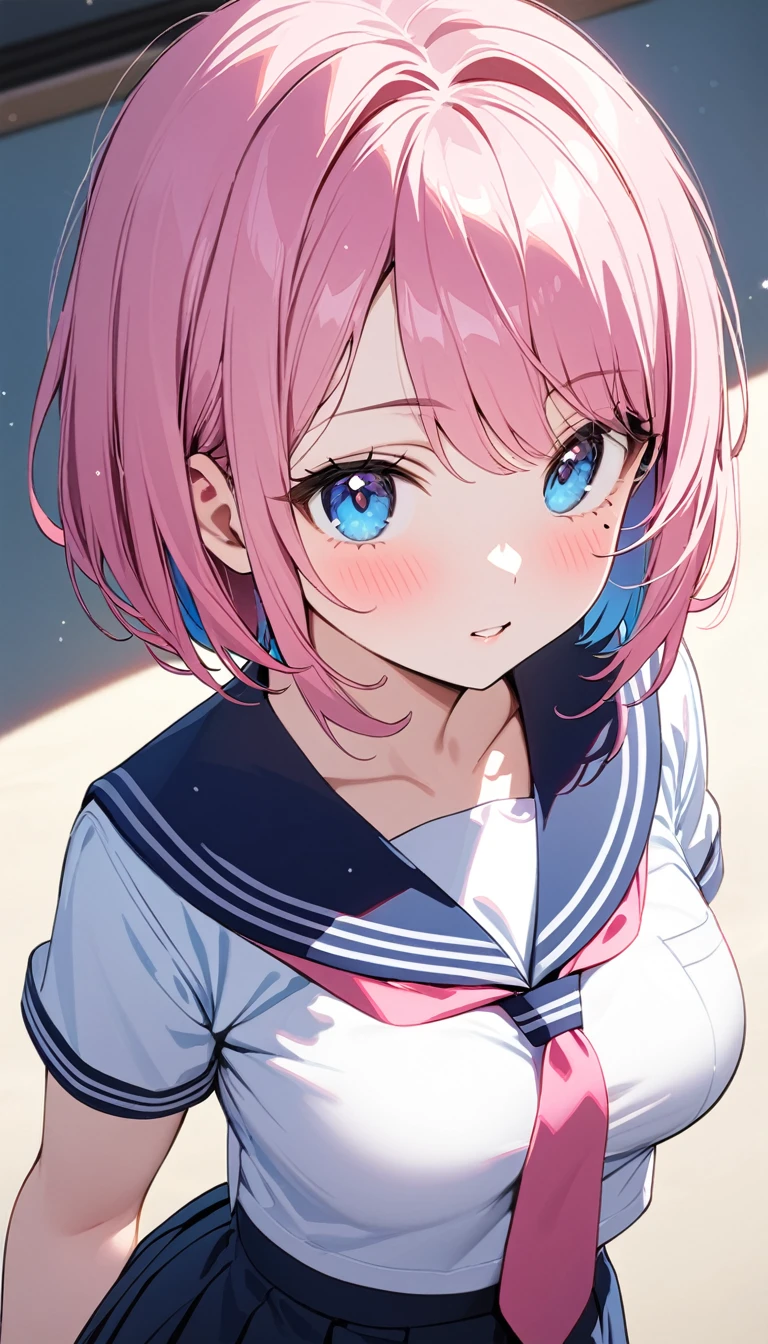 (1 girl),(Best Picture Quality, 8K, Masterpiece:1.3), (high school student:1.5), (pink lob hair:1.1), [skyblue hair:0.1], (bob cut),(swept bangs), (cute eyes, pupil black, iris skyblue, youthful face), (mole under right eye), (standard weight), (medium breasts), (glistening skin:1.1),(pale skin:1.2), ((serafuku, white sailor short sleeve simple shirt, darkblue skirt, darkblue sailor collar, pink tie)).