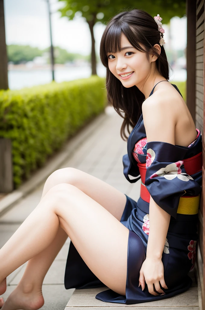 Pure Japanese kimono girl, natural body, beautiful legs, wearing traditional kimono, natural hair styles, sweet smile, sitting relaxed mood, sweet temptation, refreshing in early summer, professional portrait photography,