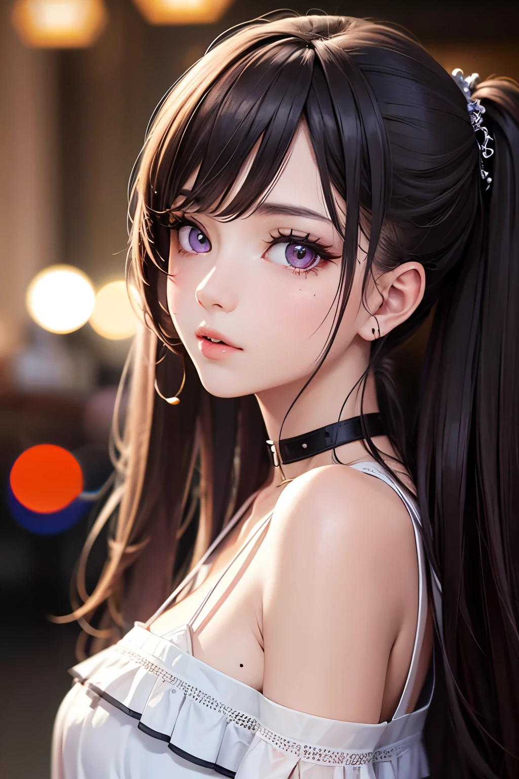 masterpiece, best quality, highly detailed, high resolution, expensive resolution, high resolution, 4K, 8k, Unity 8k wallpaper, highly detailed CG, masterpiece, 2D, 3D, beautiful details, depth, fine texture, best quality: 1.3, perfect focus, crispy skin, him, very cute, one 20-something girl, before a date with him, enjoying fashion, short twin tails, mole under eye, looking at the viewer, expensive, blush, mole, parted lips, heart, pink eyes, choker