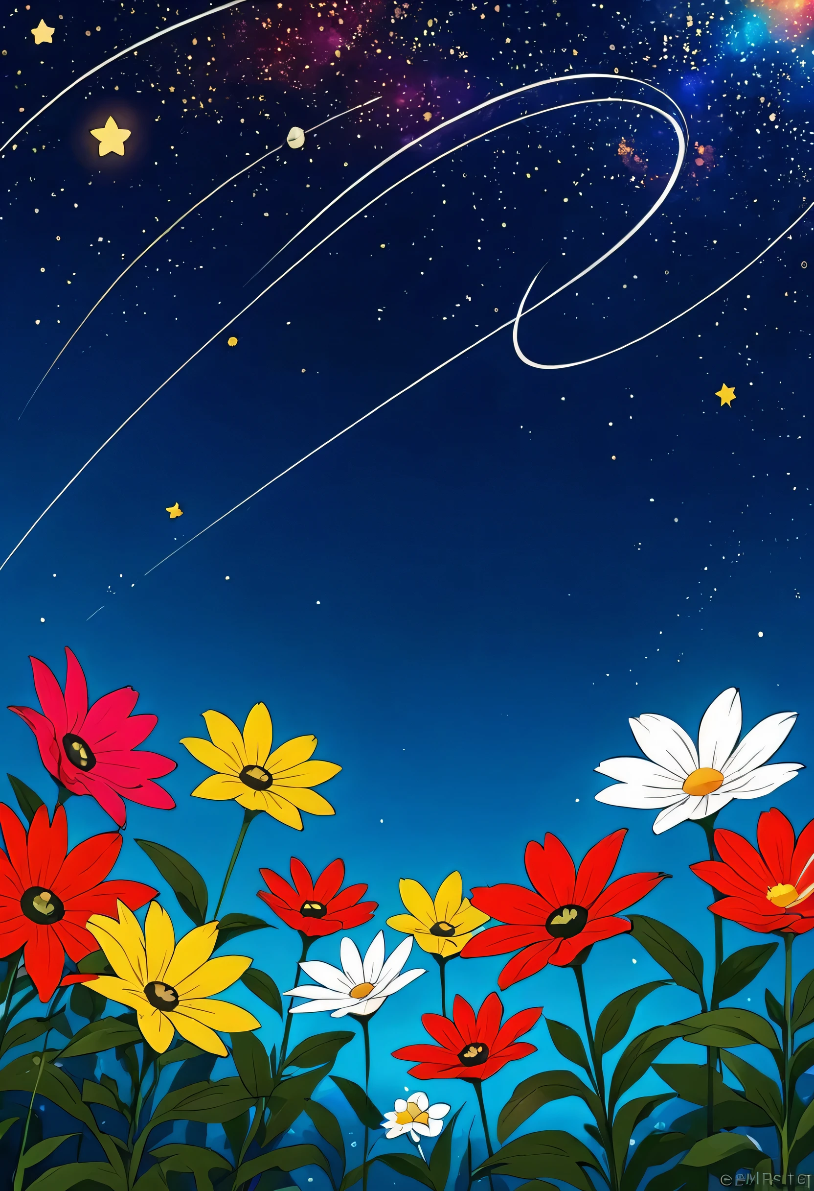 Black Star Red and White style, Simple Line Initialism，Abstract art，universe Background, colorful flowers, no people