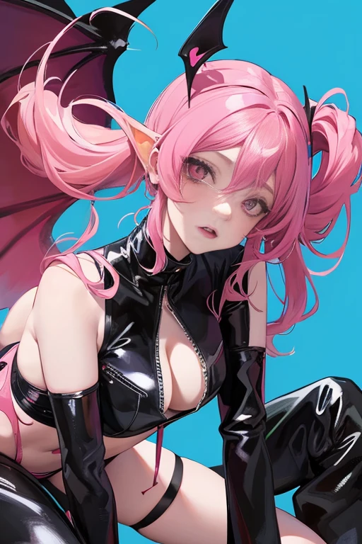 Anime girl with pink hair and black stockings lying on the ground, beautiful Succubus, Succubus in tight bodysuit, Succubus, Devil Anime Girl, Gwaiz, Enchanting anime girl, Anime Monster Girl, Pixiv 3DCG, Succubus in sundress portrait, Gwaiz on pixiv artstation, Lilith, Devil Girl, Succubus,Blue background,Kneel,Spread your legs,The whole body is visible