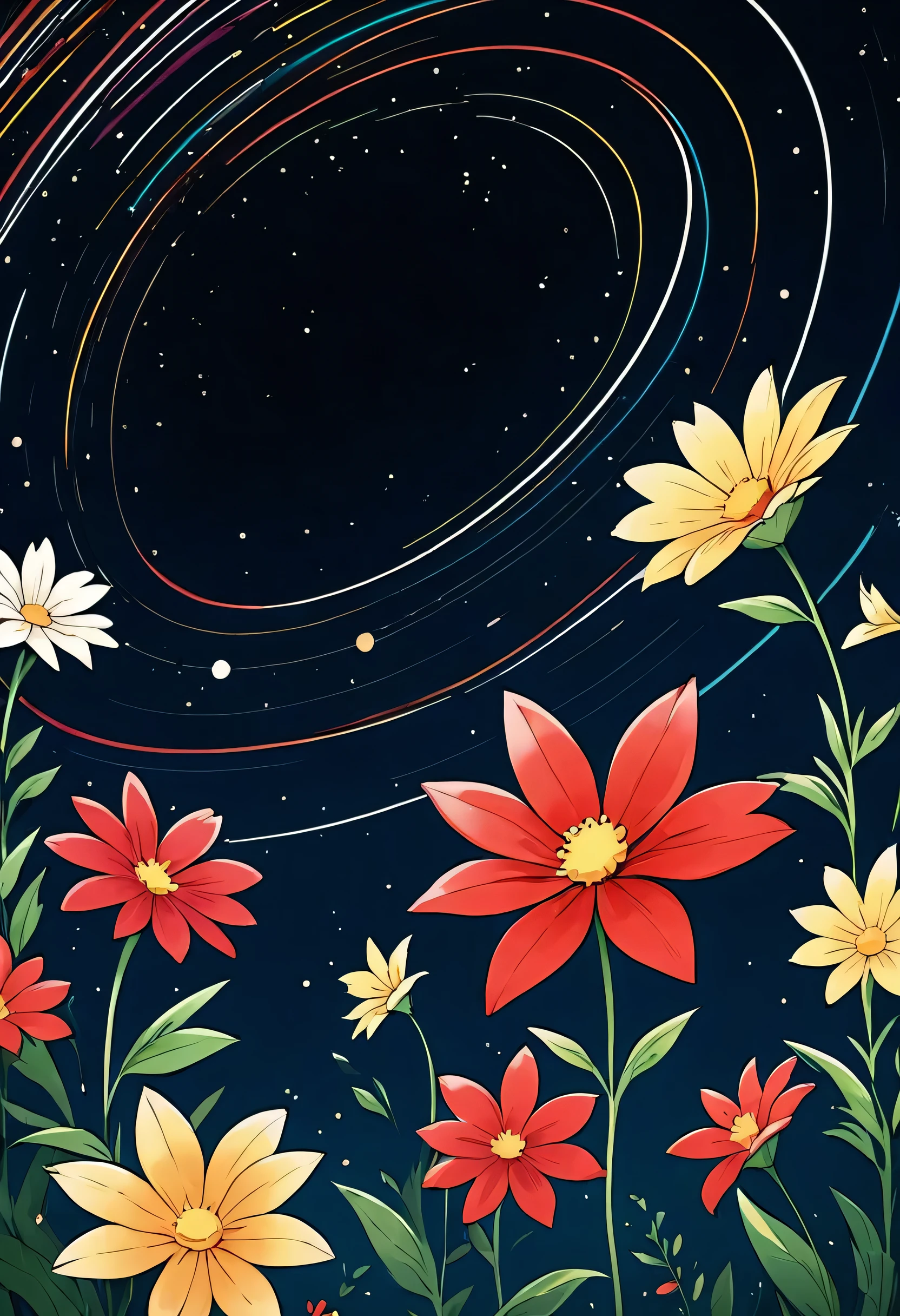 Black Star Red and White style, Simple Line Initialism,Abstract art,universe Background, colorful flowers, no people