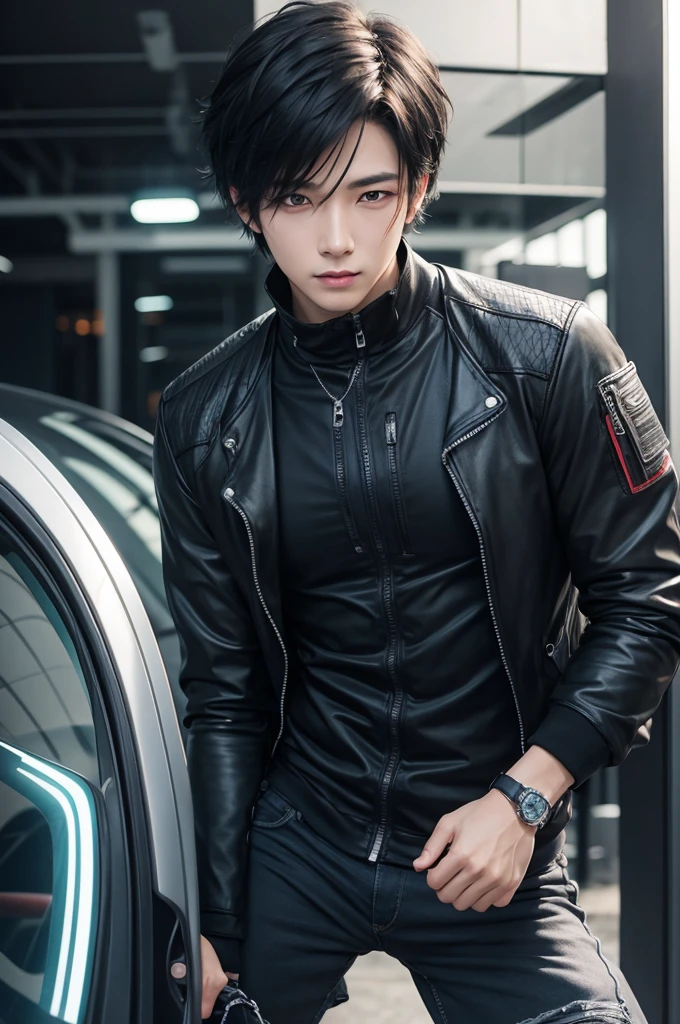 male anime character with short black hair and vibrant acid green eyes
