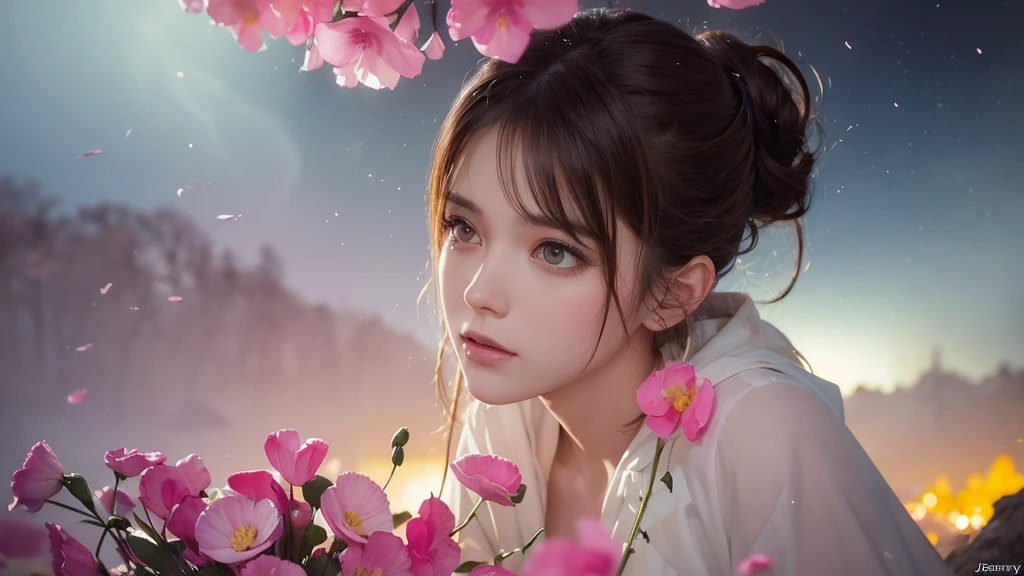 32k, Masterpiece, Highest quality, One girl, Brown Hair, Detailed eyes, flower,sweet pea, Pink and yellow style,A dreamy, romantic piece,Pale pink, Mysterious Leaves,A playful arrangement,Fantasy,High Contrast,Ink strokes,explosion,Exposure, Impression of pink and yellow tones,Abstract,((Watercolours by John Berkey and Jeremy Mann )) Brush strokes,Negative Space, Tyndall effect, White background
