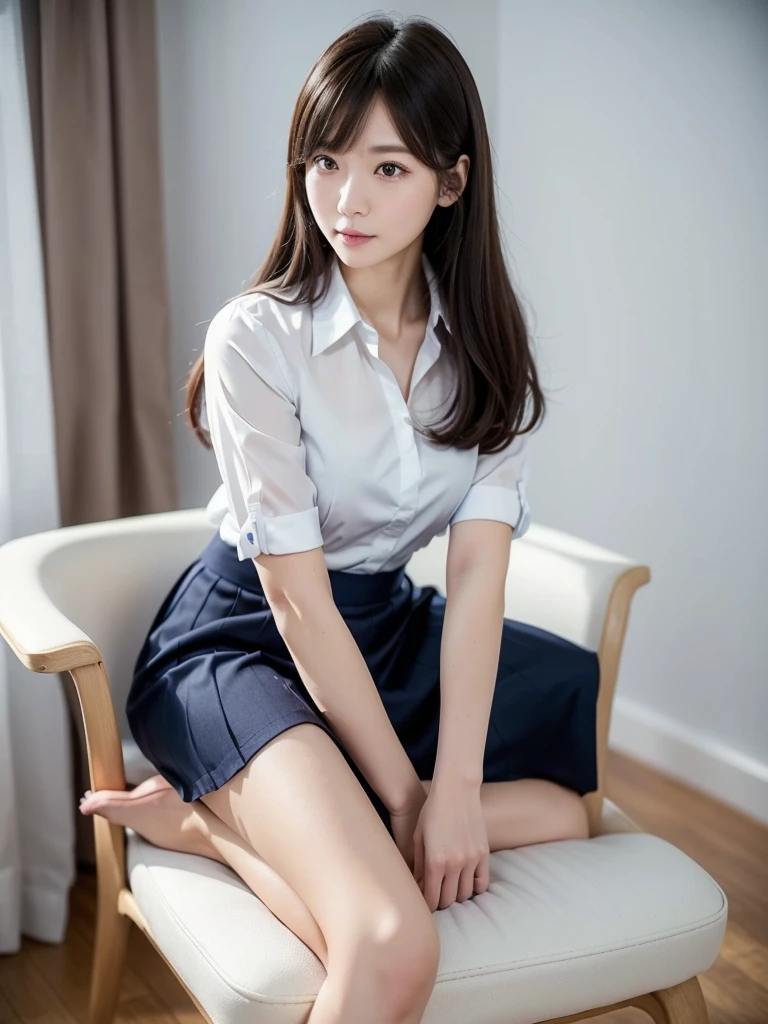 High heels、blouse、Navy blue mid-length skirt 、(Highest quality)、((Very detailed))、4K、(8K)、masterpiece、Very detailedな、Highest quality、Super Resolution、1 person、Kind Face、Soft Light、RAW quality、Soft Skin、163cm、White Room、Sit on a chair,30 years old、office