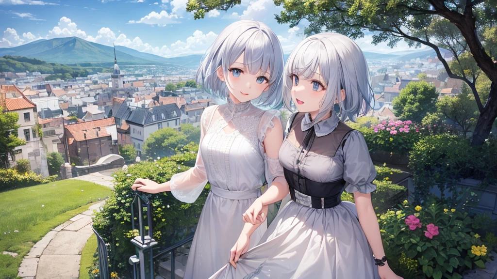 Ultra HD,Look at the viewers, Put your hands behind your back, With a girl, 20-year-old, 非常にShort Hair, Long bangs between the eyes, Pale blue eyes, hoodie, skirt , Very detailed,(masterpiece、Highest quality),Gray Hair、Laughter、Fantastic, Silver Hair, Iris, Short hair、 Fluttering Hair、Small Face、明るいsmile、(Detailed face) ,Professional Lighting,Wonderful landscape,blue sky, sunlight,Looking down from above,Portraiture、Open your mouth、Flower Field、Her eyes were shining、Mysterious and enchanting atmosphere。With AI Painting、とてもShort Hair, Long bangs between the eyes, Very detailed,(masterpiece、Highest quality)、alone、Gray Hair、Fantasy, Silver Hair, Fantasyな風景、White shirt、smile、Open your mouth、short hair、Short Hair、hairpin、black eye、Grey Eyes、Beautiful Eyes、