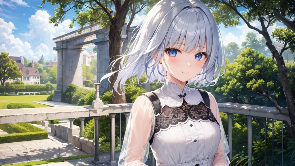 Ultra HD,Look at the viewers, Put your hands behind your back, With a girl, 20-year-old, 非常にShort Hair, Long bangs between the eyes, Pale blue eyes, hoodie, skirt , Very detailed,(masterpiece、Highest quality),Gray Hair、Laughter、Fantastic, Silver Hair, Iris,  Short hair、 Fluttering Hair、Small Face、明るいsmile、(Detailed face) ,Professional Lighting,Wonderful landscape,blue sky, sunlight,Looking down from above,Portraiture、Open your mouth、Flower Field、Her eyes were shining、Mysterious and enchanting atmosphere。With AI Painting、とてもShort Hair, Long bangs between the eyes, Very detailed,(masterpiece、Highest quality)、alone、Gray Hair、Fantasy, Silver Hair, Fantasyな風景、White shirt、smile、Open your mouth、short hair、Short Hair、hairpin、black eye、Grey Eyes、Beautiful Eyes、