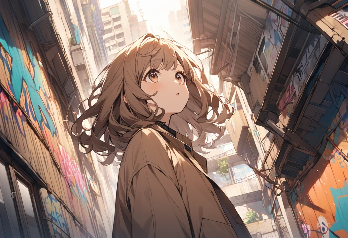  A girl with brown, wavy bob hair wearing a dark beige coat looks up at graffiti on a building。