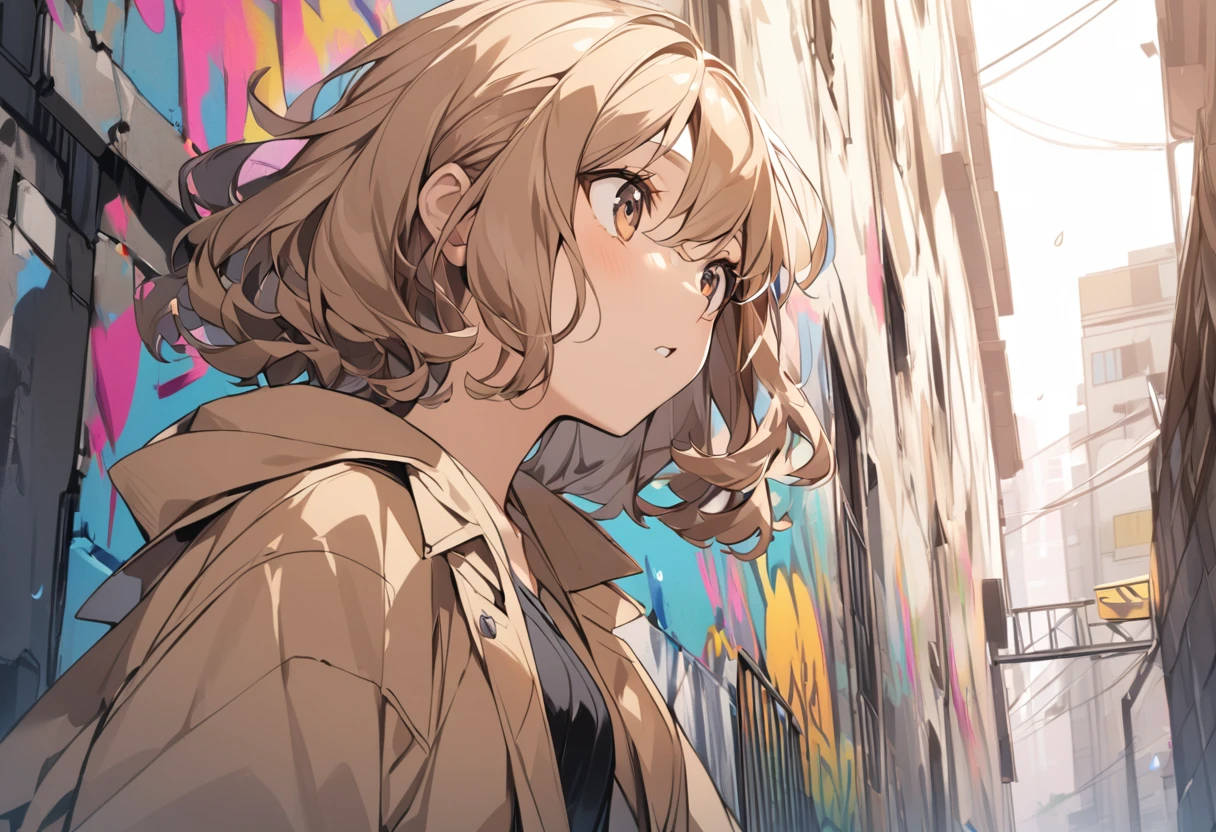 A girl with brown, wavy bob hair wearing a dark beige coat looks up at graffiti on a building。