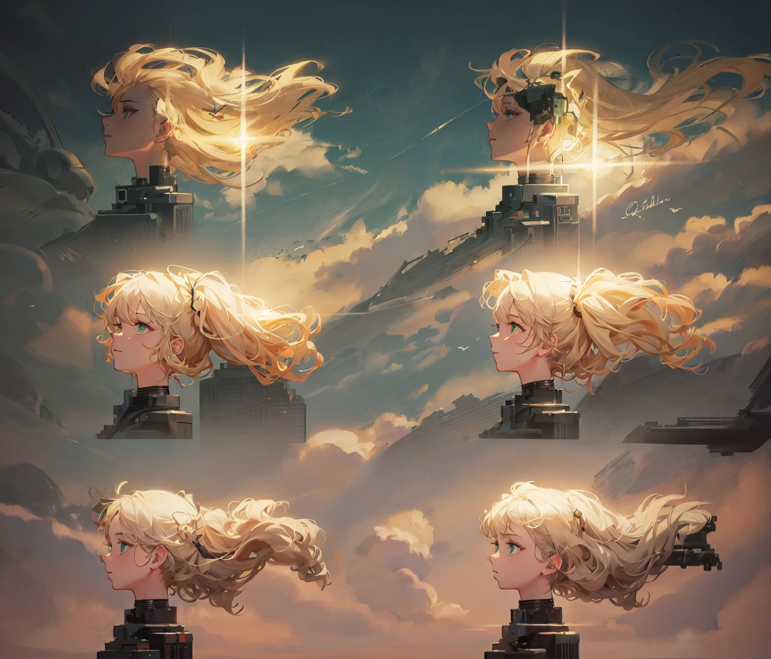masterpiece, best quality, 1girl, ((young girl)), shiny skin, ((small size)), hot, soft natural lighting, reflections, bright illuminations, head focus, ((sexy blond hair)), big long blond hair,sexy, slim figure, Detailed green eyes, Detailed face, Detailed eyes, the anime girl is wind, wind hair, wind sequence, head dynamic poses, dynamic pose realistic, various pose, dynamic poses, realistic human movement
