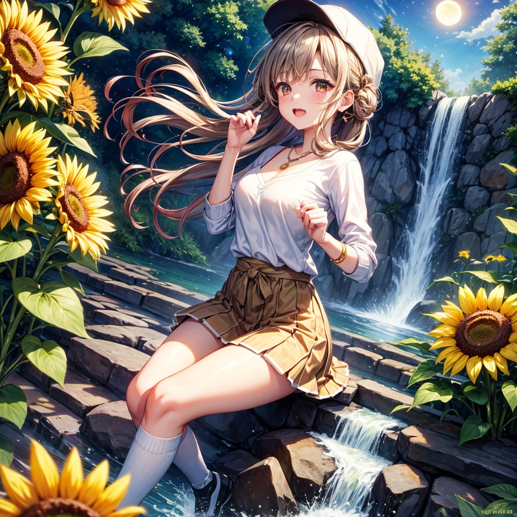 Red, brown, gold, gold hair、Golden Eyes、Hair tied up、One good looking girl、solo、anime、Checkered mini skirt、Ruffles on the skirt、camisole、Lightweight cardigan、school uniform、Black knee-high socks、Wearing a baseball cap、Ribbon、Ribbon on waist、Teeth are visible、Silver coin necklace、From above、Sunflower Tunnel、Cobblestones、waterfall、Have sunflowers、Starry Sky、Midnight Moon、Winding Road、suspension bridge、Soap bubbles are flying、mosquito、beam、ripple