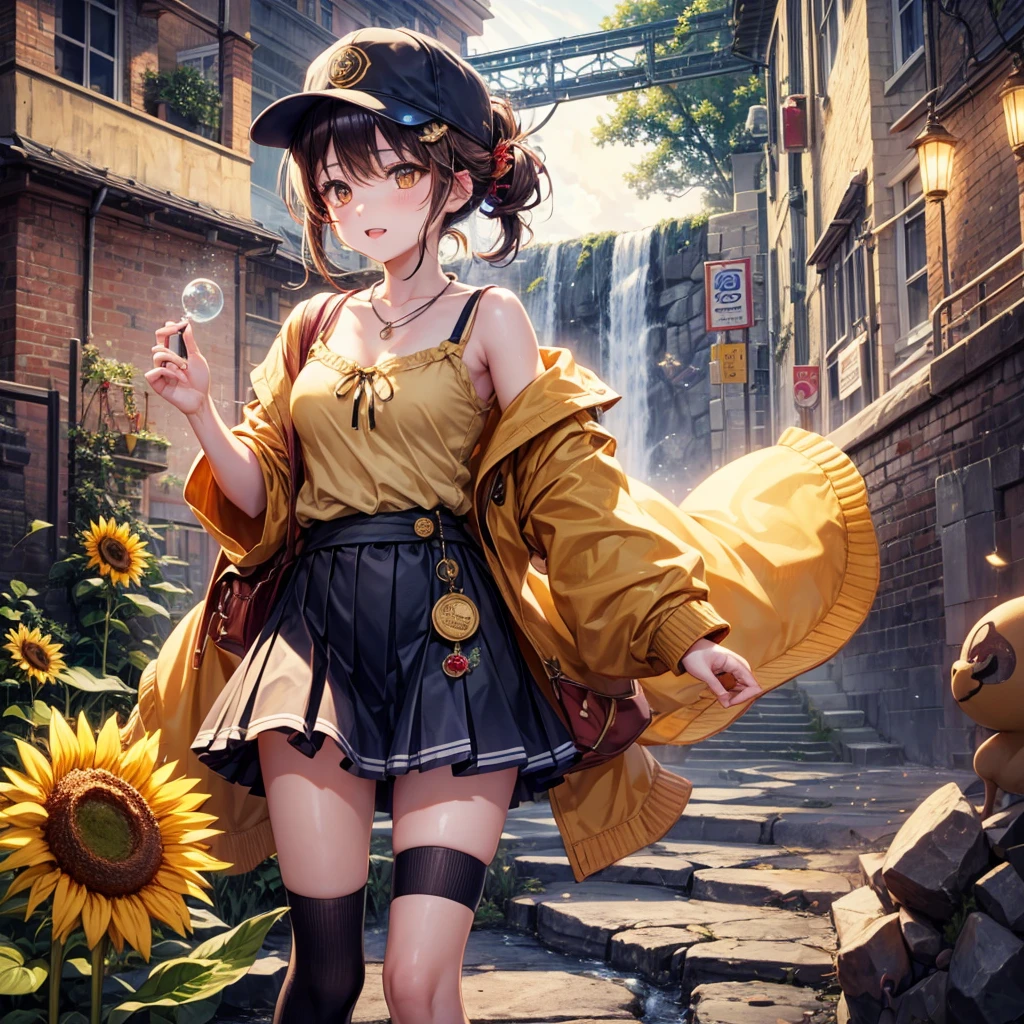 Red, brown, gold, gold hair、Golden Eyes、Hair tied up、One good looking girl、solo、anime、Checkered mini skirt、Ruffles on the skirt、camisole、Lightweight cardigan、school uniform、Black knee-high socks、Wearing a baseball cap、Ribbon、Ribbon on waist、Teeth are visible、Silver coin necklace、From above、Sunflower Tunnel、Cobblestones、waterfall、Have sunflowers、Starry Sky、Midnight Moon、Winding Road、suspension bridge、Soap bubbles are flying、mosquito、beam、ripple