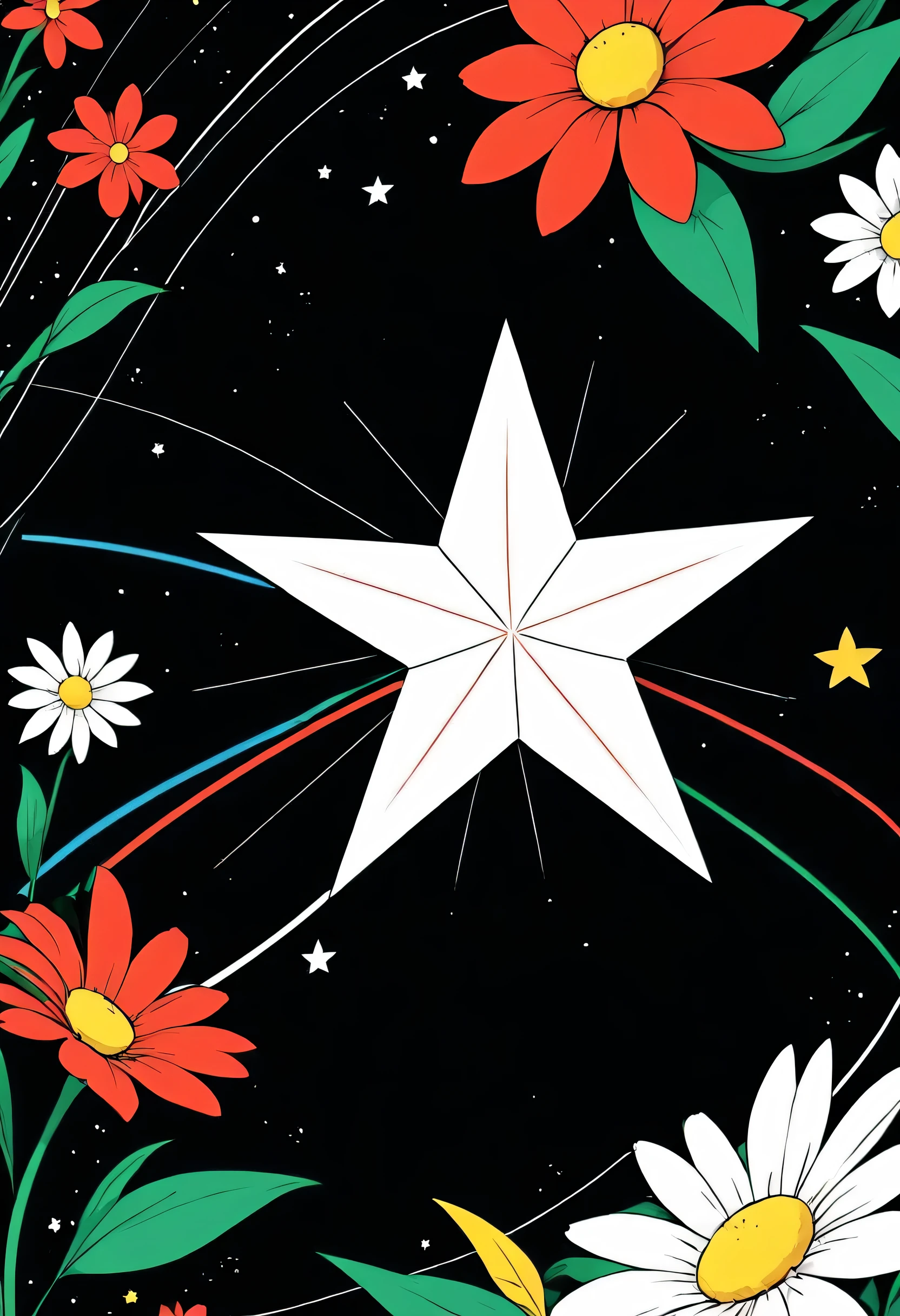 Black Star Red and White style, Simple Line Initialism,Abstract art,universe Background, colorful flowers, no people