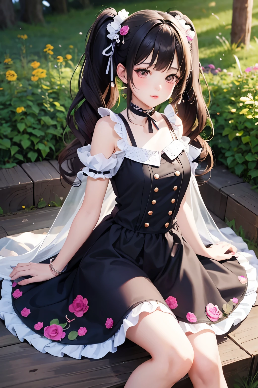 masterpiece, best quality, highly detailed, high resolution, expensive resolution, high resolution, 4K, 8k, Unity 8k wallpaper, highly detailed CG, masterpiece, 2D, 3D, beautiful details, depth, fine texture, best quality: 1.3, perfect focus, crisp skin, him, very cute, 20s girl, him, idol, princess dress, short skirt, outdoor concert, short pigtails, mole under eye, look at the viewer, expensive, blush, mole, open lips, heart, pink eyes, choker