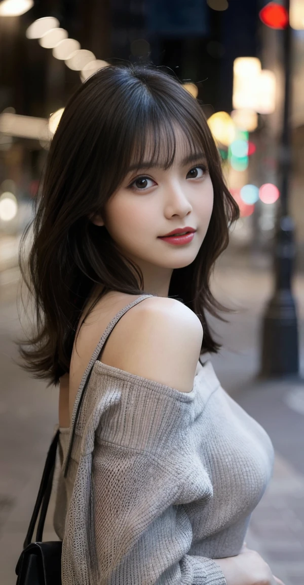 Create a cowboy shot of a beautiful woman with medium black hair, standing in a city with a blurred background. She wears an off-shoulder grey blouse, her left shoulder slightly dropped. She looks directly at the camera with a soft, confident expression.