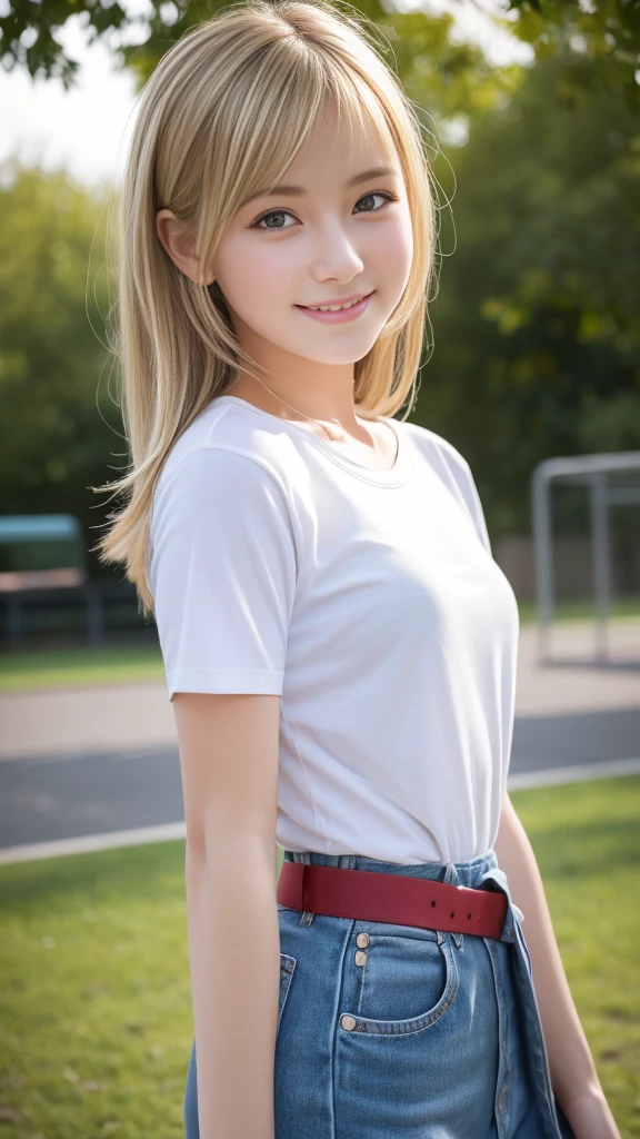 Highest quality,masterpiece:1.3,Ultra-high resolution),(Very detailed,Caustics,8K),(Realistic:1.4,RAW shooting),Wearing high school gym clothes、American Girl,smile,18-year-old,Blonde Hair Color、American eyes、Semi-long haircut,Looking into the camera,School playground、Waist up shot,front,Face Focus,Face close-up,(Warm Light),Professional Writing、Stretching exercises