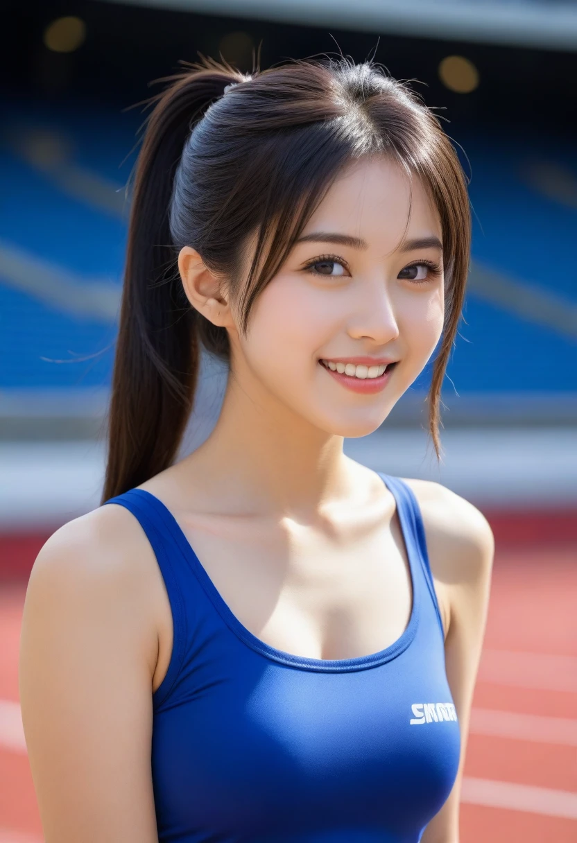 8K, Ultra-high resolution, Highest quality, masterpiece, 三分割法によるphotograph,Surreal, photograph, 1 Girl, (:1.3), pretty girl, Cute face, Beautiful eyes in every detail, 細かくdetailedに,masterpiece,, One Girl:1.2, Japan Female Announcer,upper body,Outdoor,Athletics Stadium,Sportswear,Refreshing sweat,Full of sex appeal,Sensual,A carefree smile,Heal the heart,Black Hair,ponytail,Looking at the audience、beauty,Long neck、Laugh a little、Please close your mouth and laugh、(((Ideal body type))),A cup small breasts :2,、Portraiture:2、Perfect Anatomy、鮮明なdetailed、detailed、Surreal、Light and shadow,Strong light