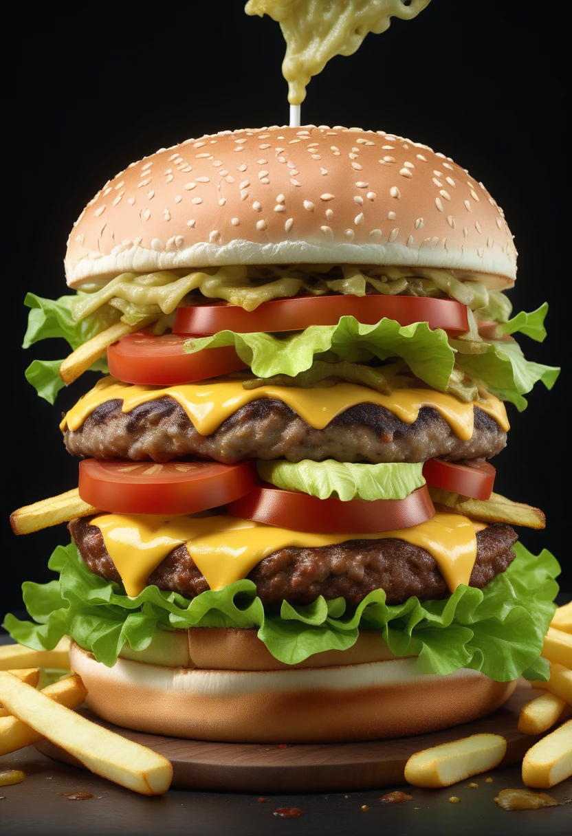 score_9, score_8_up, score_7_up, score_6_up, score_5_up, score_4_up, big cheese lettuce tomato hamburger, coca cola, french fries, ultra realistic food samples, delicious looking lighting effects, 2.5D