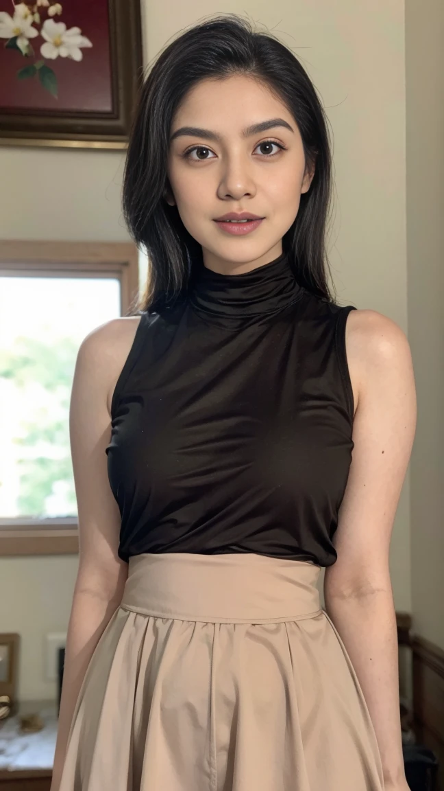 Bare shoulders with ((naked breasts)), (brown nipple) ,red slit skirt