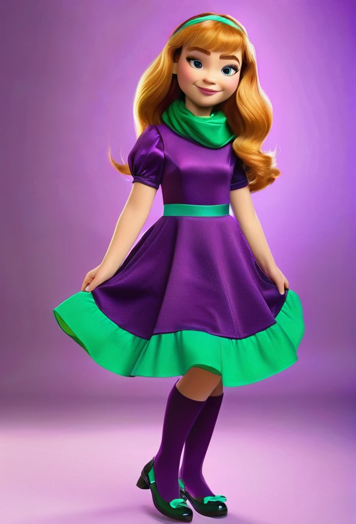 Daphne Blake played by Sabrina Carpenter with orange hair and bangs.
"Daphne is wearing a purple dress with a green scarf tied around her neck. The dress is a solid purple color with long sleeves and a slightly flared skirt that falls above her knees. She has a matching purple headband in her hair, which is styled in loose waves falling over her shoulders. Her shoes are purple flats that match her dress perfectly. Additionally, she has a pair of light purple stockings that complement her overall look."